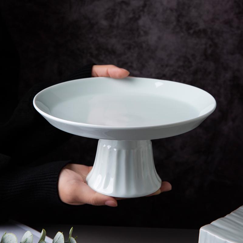 Ceramic High-Footed Dim Sum & Dessert Plate - Chinese Tea, Snack, Tribute, or Fruit Plate