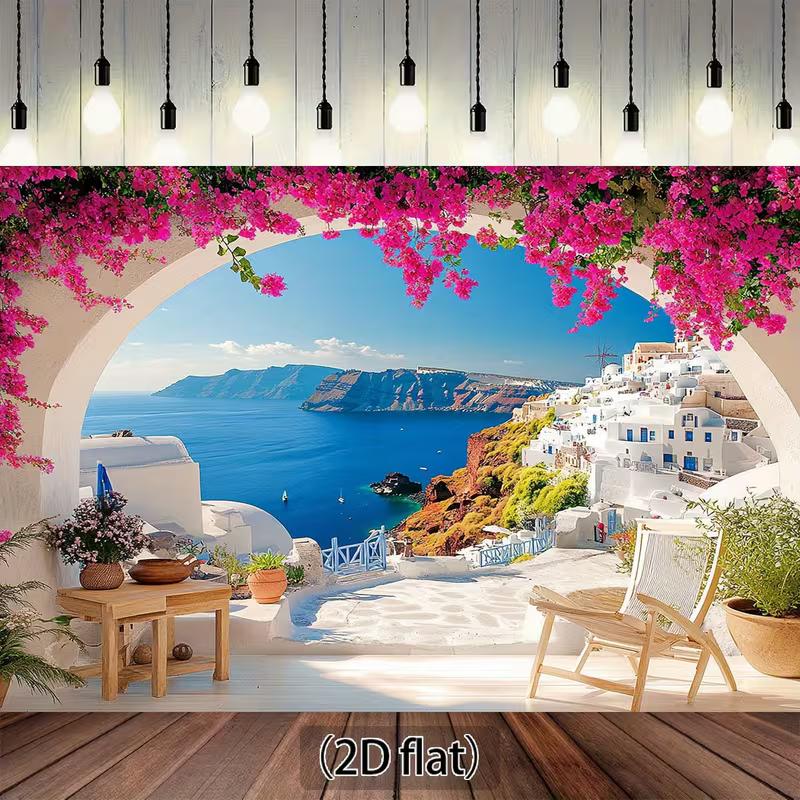 2D Santorini Greece Tapestry Blue Sea White Houses with Pink Flowers Backdrop 47.2x31.5inch/120*80cm