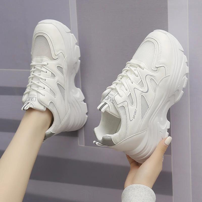 Fashion Hot Selling 2025 Casual Women Thick-soled Sneakers Fashion Spring Autumn  PU Lace-up Vulcanized Shoes Mesh Rubber Non-slip New
