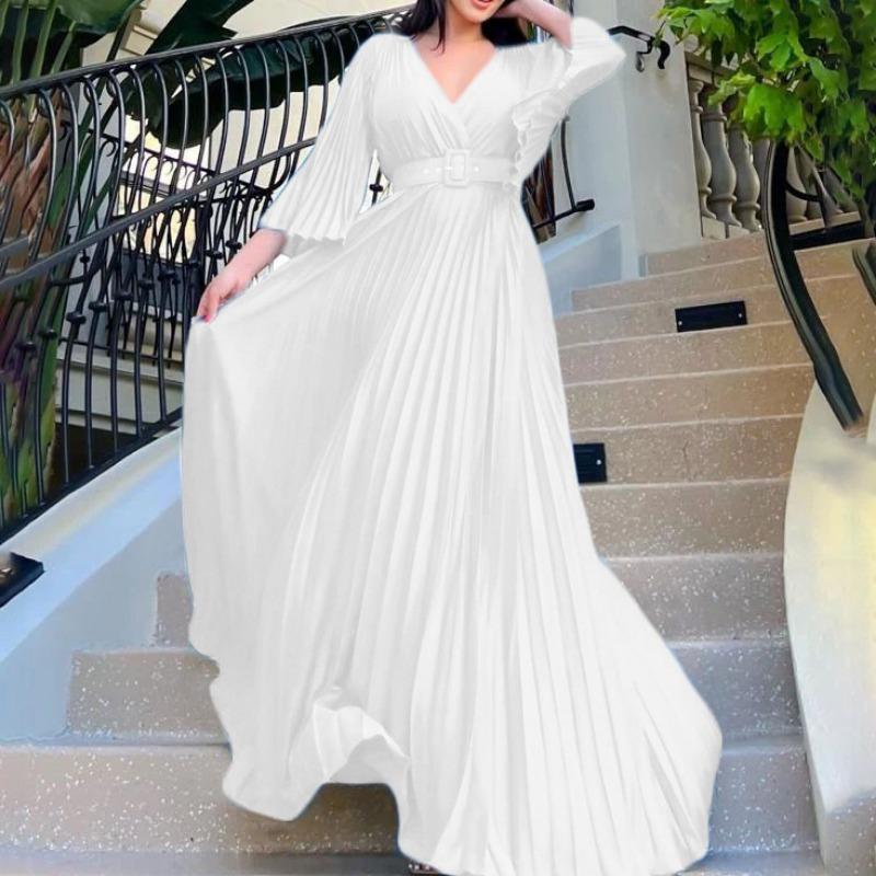 Women Sexy V Neck High Waist Pleated Solid Large Swing Long Dress