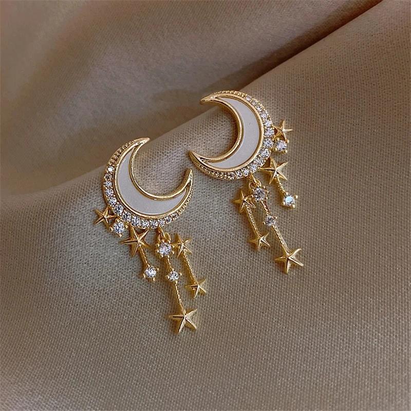 New Fashion Star Moon Tassel Drop Earrings for Women Rhinestone Stars Long Chain Earrings Girls Party Daily Jewelry Accessories