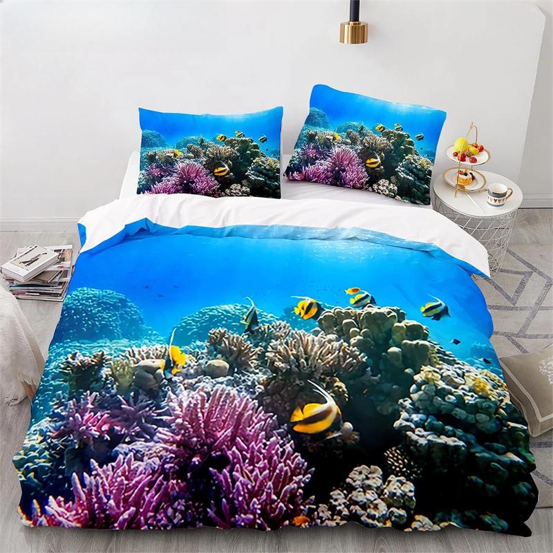 Underwater World King Queen Duvet Cover Cartoon Ocean Animal Bedding Set For Kids Fish Coral Sea Life Soft Polyester Quilt Cover