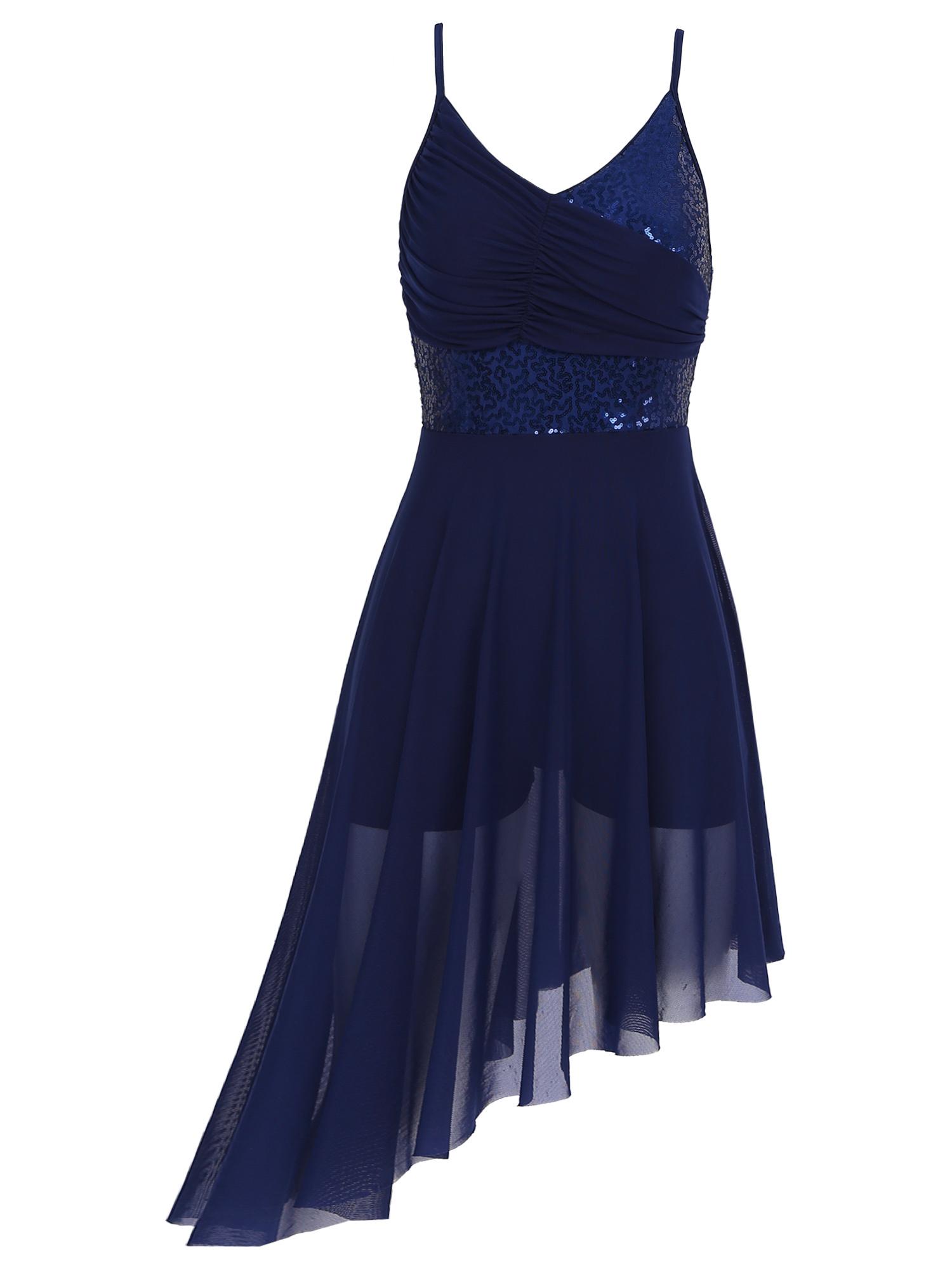 

Womens Sparkly Sequin Asymmetrical Hem Dress Spaghetti Shoulder Straps V Neck Front Pleated Dance Costume M темно-синього кольору