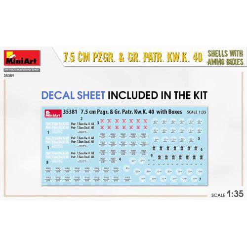 Miniart 1/35 Scale 7.5cm Pzgr./Gr.Patr.Kw.K.40 Shell and Ammunition Box Set Plastic Model MA35381