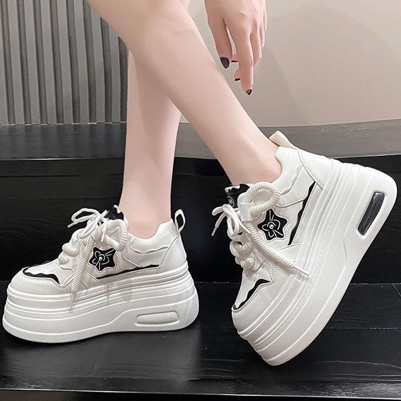 Soft Leather White Shoes for Women New Spring Korean Version Versatile Internal Height-enhancing Casual Shoes Thick Sole Sponge Cake Breathable