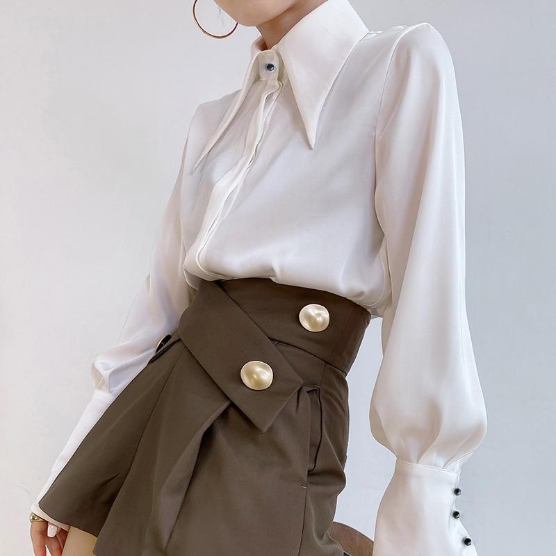 Camicia da donna vintage in raso di seta autunno Elegante colletto rovesciato Camicetta da donna Camicie bianche a maniche lunghe da donna Top Blusas 16946