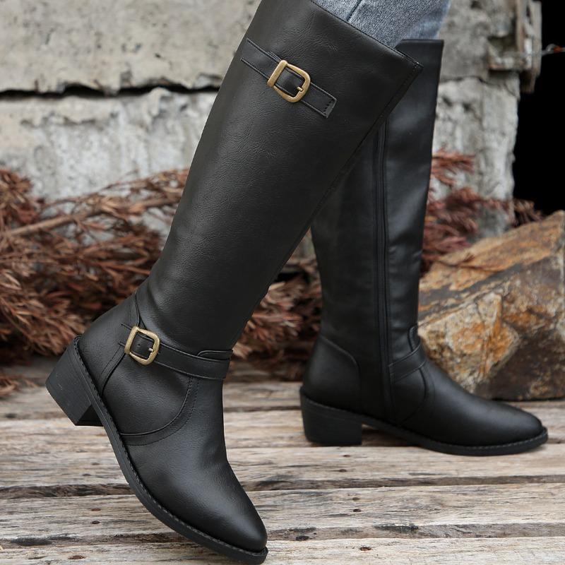 Pointed Buckle Knight Boots Winter 2025 New Plus Size Vintage Block Heel Boots