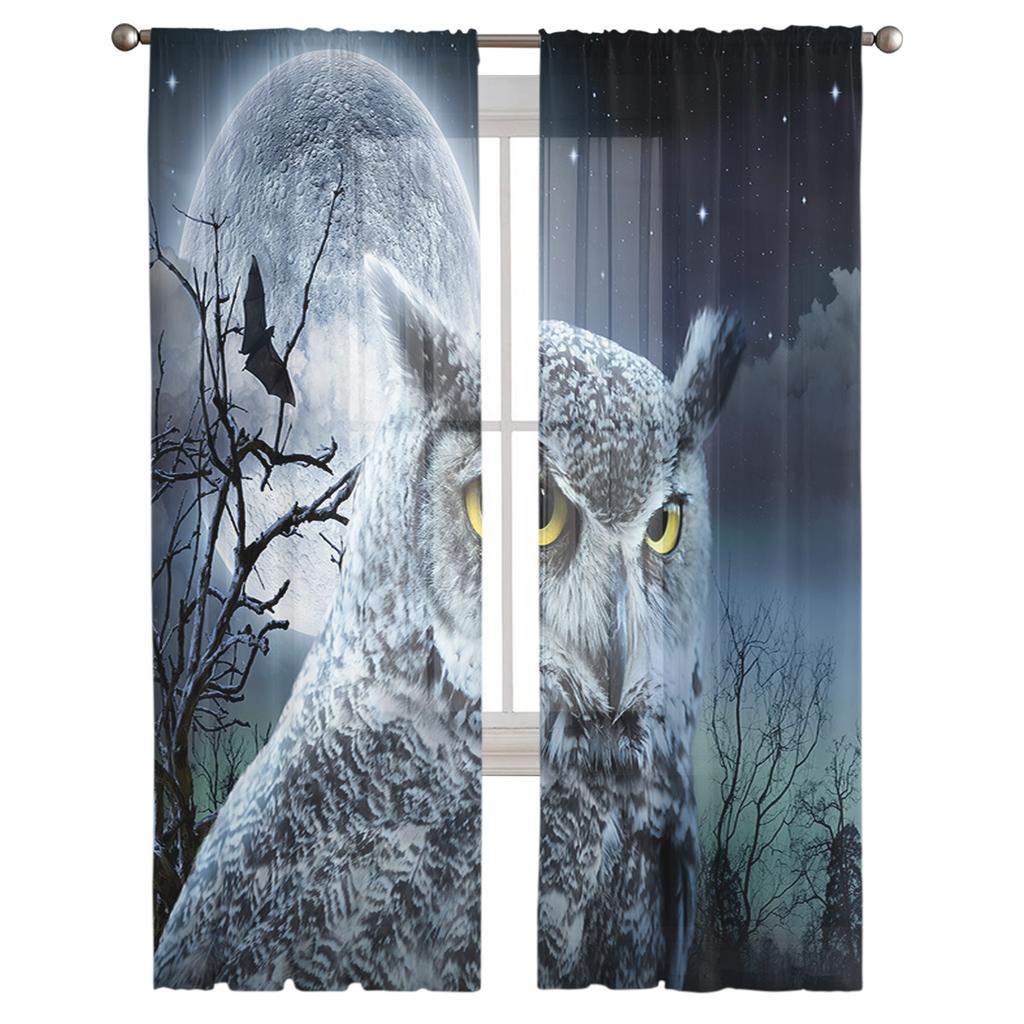 Moon Owl Bat Night Spooky Forest Chiffon Sheer Curtains for Living Room Bedroom Home Decor Window Voile Tulle Curtain Drapes