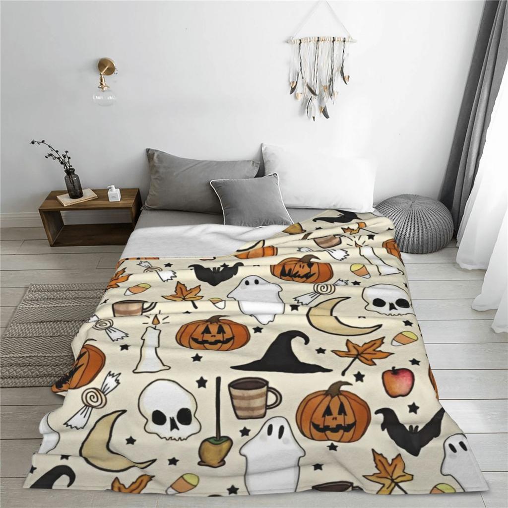 Halloween Pumpkins Spooky Blanket Fleece Print Gothic Ghost Cartoon Multifunction Ultra-Soft Throw Blankets for Bed Couch Quilt