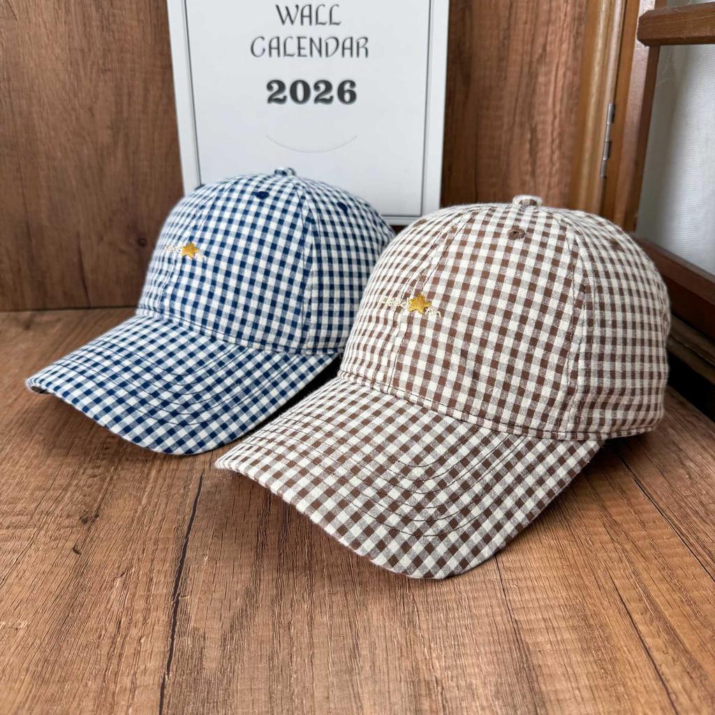 Autumn checked baseball cap women's gold star embroidered letter soft top cap casual face hat