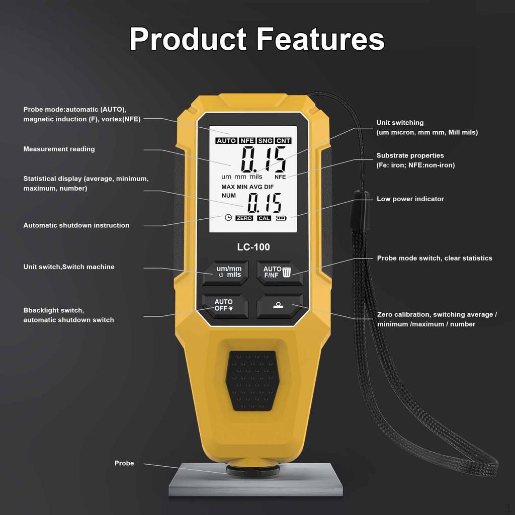 Paint Thickness Gauge Tool Fit Car Coating Measurement Automatic Detection Digital Display