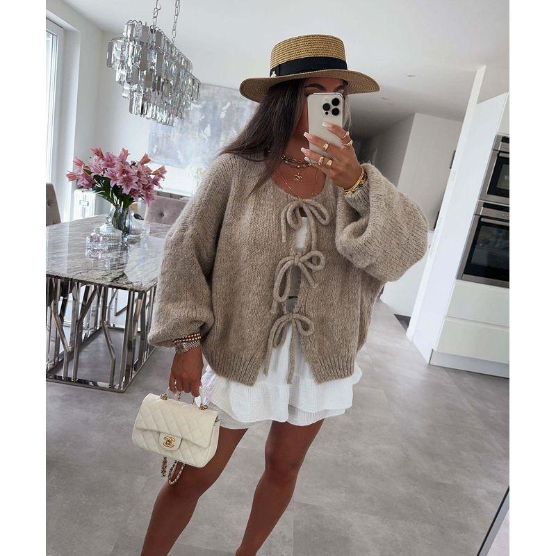 Simple Sweater2025 European and American Autumn and Winter New Women round Neck Lace-up Knit cardigan Simple Sweater Outerwear