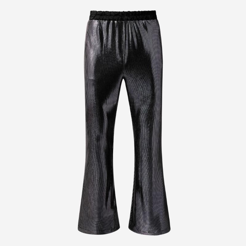 Heren Metallic Zilveren Flare Broeken Glanzende Grid Print Elastische Taille Bell Bottom Broeken