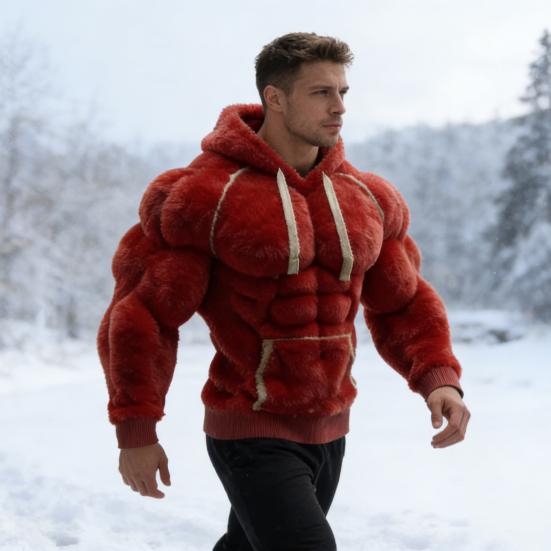 Yousheng Men Muscle Hoodie 3D Pattern Fuzzy Pullover Muscular Long Sleeve Warm Hooded Sweatshirt for Casual Sports Streetwear Fashion