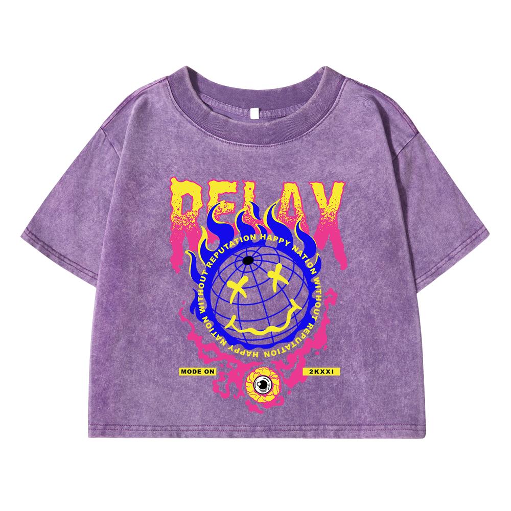 Interesting Fireball Print Women Washed Short T-Shirt Soft Short Sleeve Street Distress T Shirts Sports Breathable Tshirt