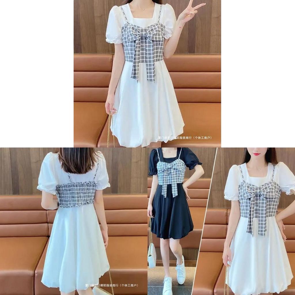 Summer French Style Twopiece Dress With Puff Sleeves And Bow For Petite Women