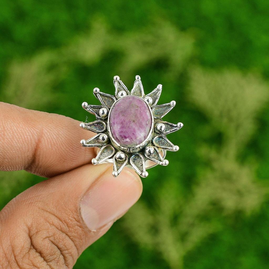 925 Silver Oval Ruby Zoisite Gemstone Flower Trendy Engagement Statement Ring
