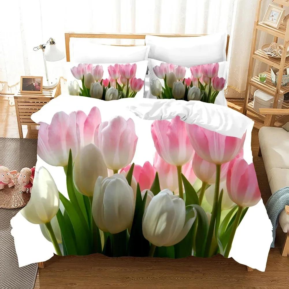 Fiori Tulipano Rosa Paesaggio Elegante Set Biancheria da Letto Singolo Gemello Matrimoniale Queen King Cal King Size Letto Set in Lino