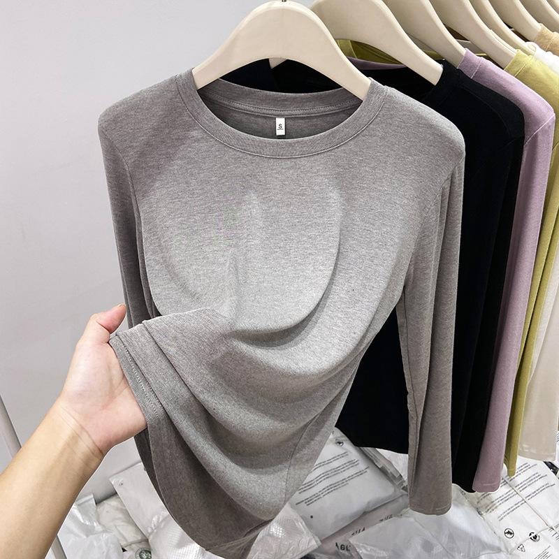 Spring Autumn Round Neck Solid Color Bottomed Tee Women Simple All-match Long Sleeve Pullover T-shirt Top