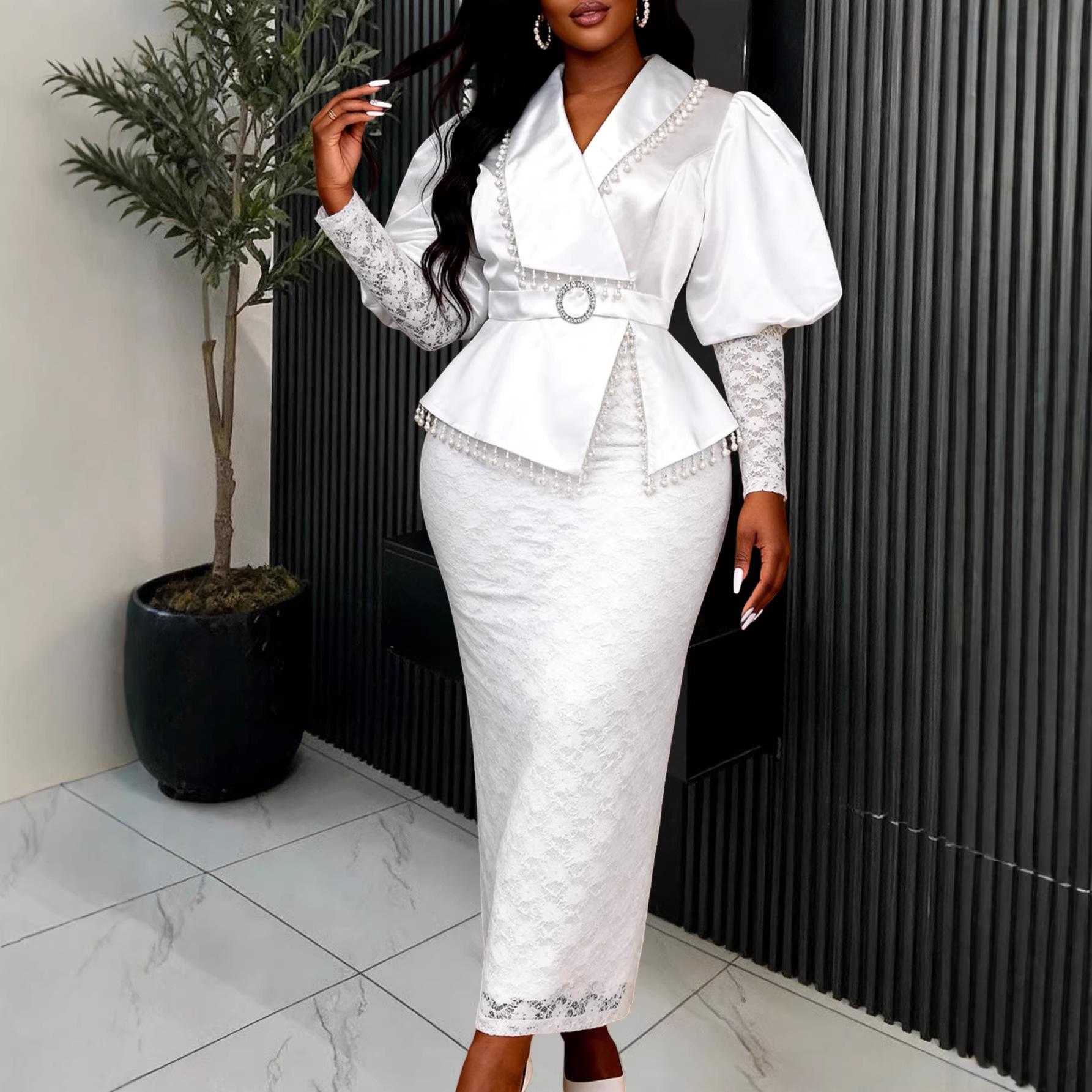 Plus Size Women s Elegant White Satin Lace Bodycon Dress with Puff Sleeves and Beaded Belt XS белый