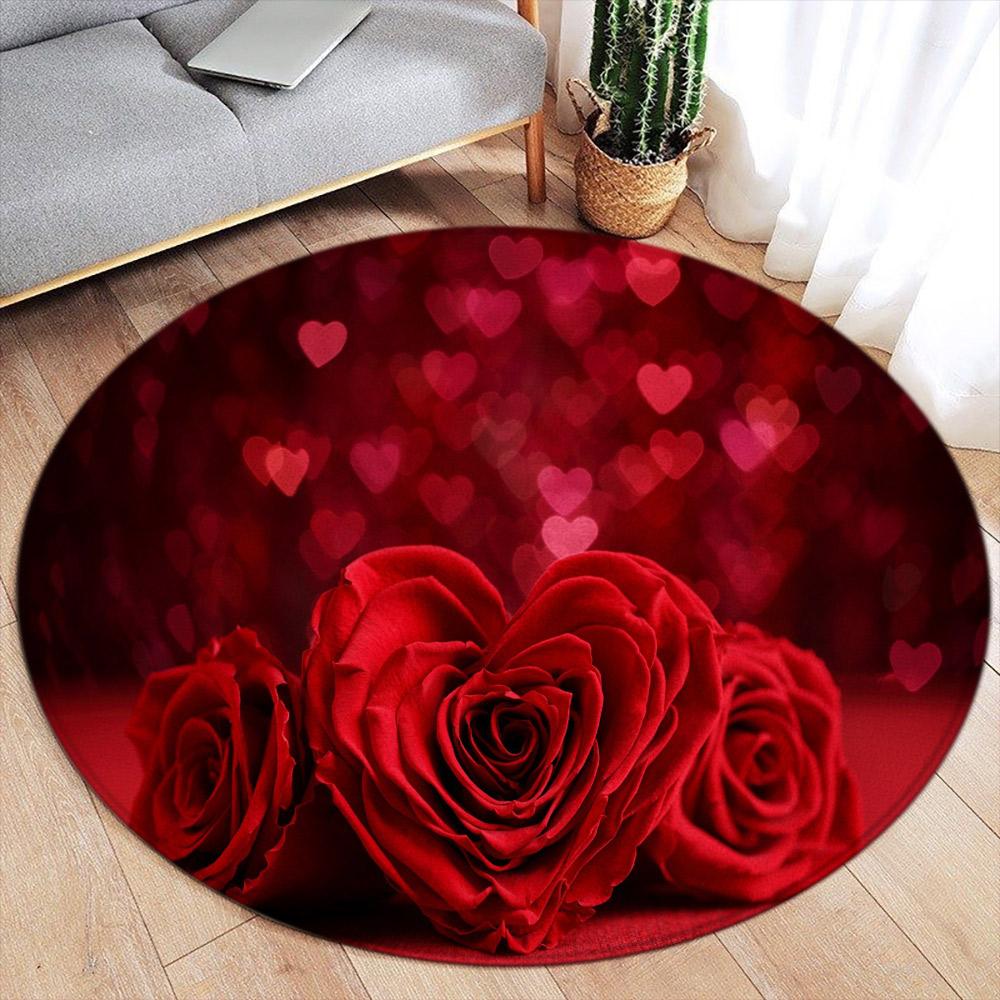 Red Roses Romance Round Carpet Modern Home Carpet Decor Flower Bedroom Living Room Floor Mat Flannel Round Area Rug