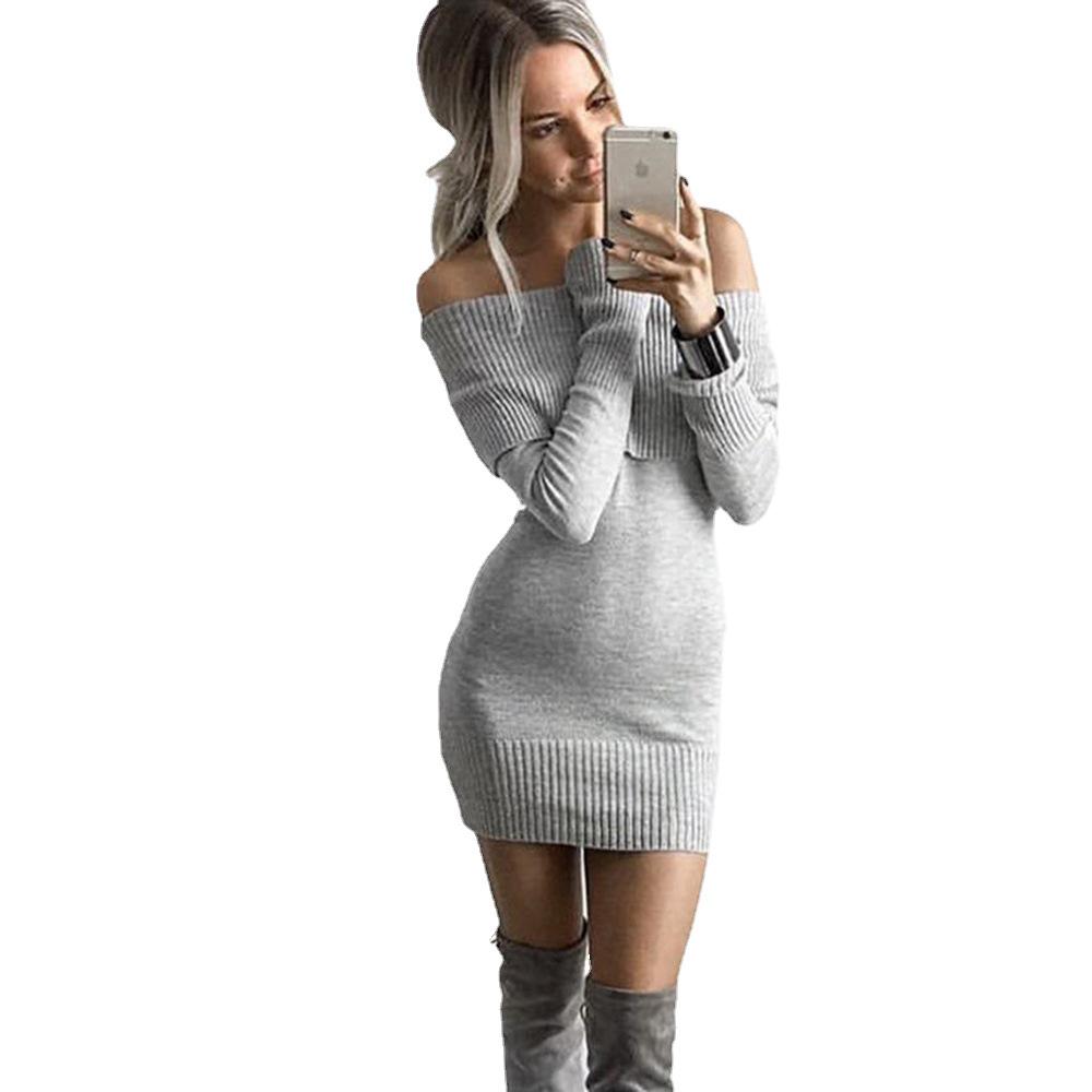 Abito Maglione Sexy A Spalla Scoperta Asimmetrico in Maglia Slim da Donna Autunno Inverno Europeo 2026