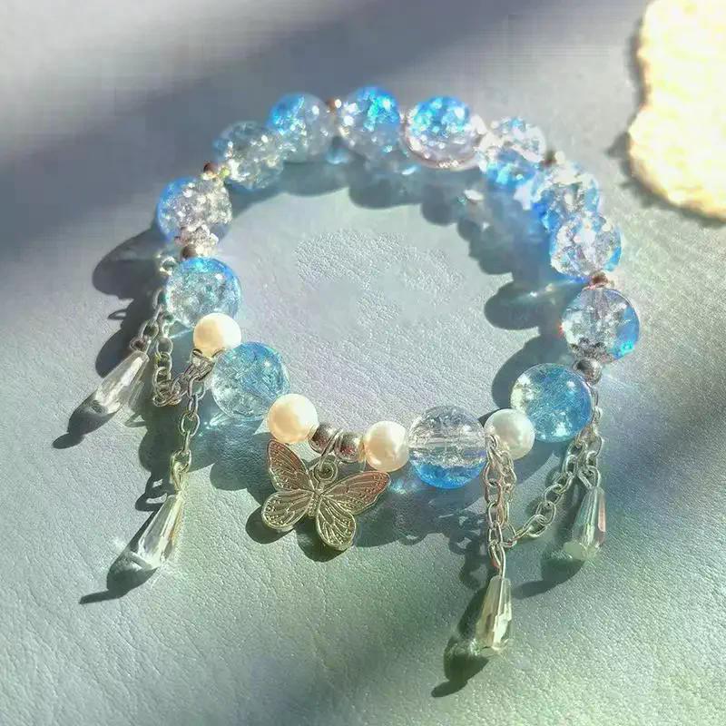 Bracciale con Perline e Ciondolo Farfalla in Cristallo Rosa Stile Coreano Ins per Donne Ragazze Dolce Catena di Perline Gioielli Regali