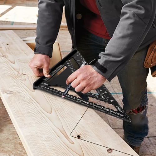 Beslands Triangle Ruler, Woodworking Circular Saw Ruler, 30*30cm, Double-Sided Graduations, 12-Inch, Aluminum Alloy, Black, Protractor, 45 Degree Mark
