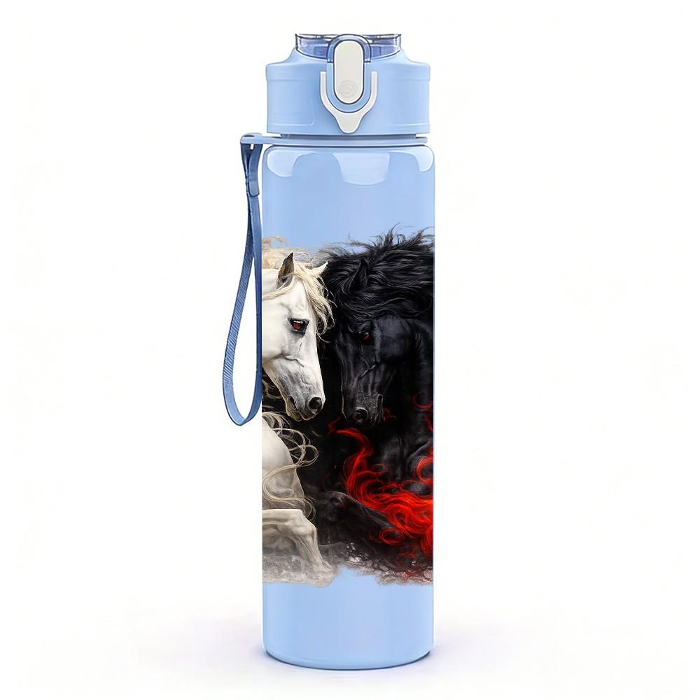 1PC Black White Fluffy Horse Portrait Print 750ml Color Plastic Sports Water Bottle Leakproof Flip Straw Lid Suitable for Sports Office Home Use