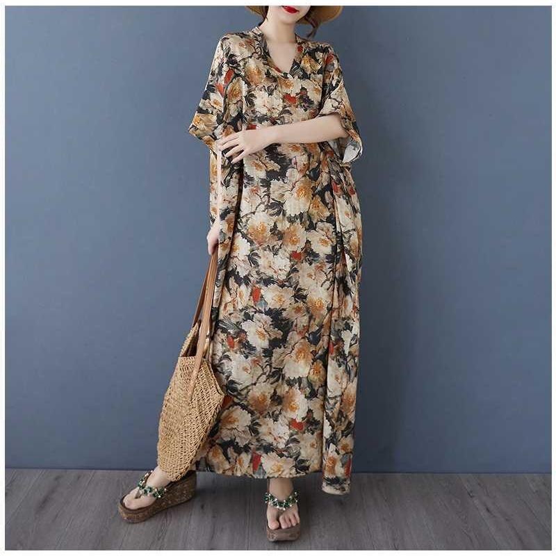 Women's Vintage Long Dress with Cotton and Linen Patterns