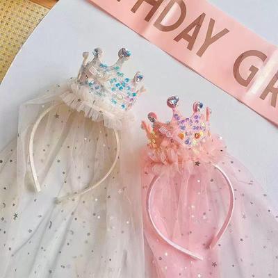 1Pcs Sparkly Tulle Hair Accessories Princess Crown  Headbands Pink White Sequin Party Headwear Cute Girl'S Dress Up Headband
