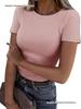 Women's Summer Ribbed Short Sleeve Stretchy Slim Fit Round Neck T-shirt