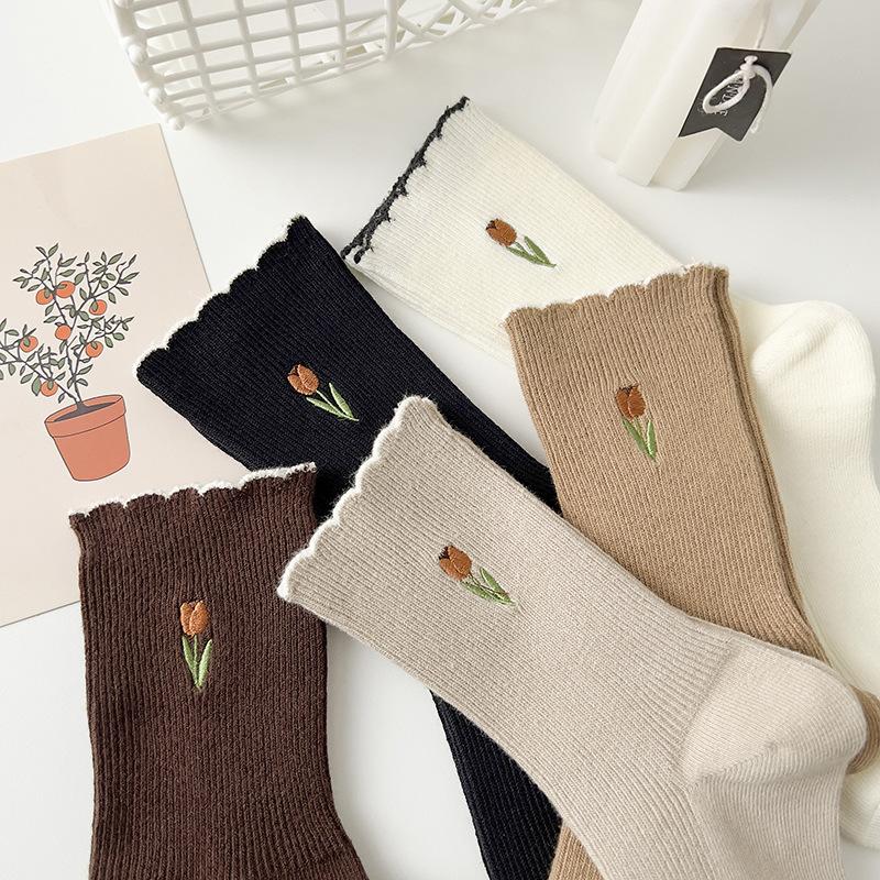 5 Pairs of Spring and Autumn Tulip Lovely Flower College Wind Tube Socks