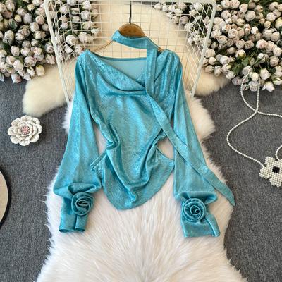 Vintage Court Style Celebridade Mangas Lanterna Tridimensionais Flores Empilhadas Gola Solta Camisa Blusa Casual Feminina