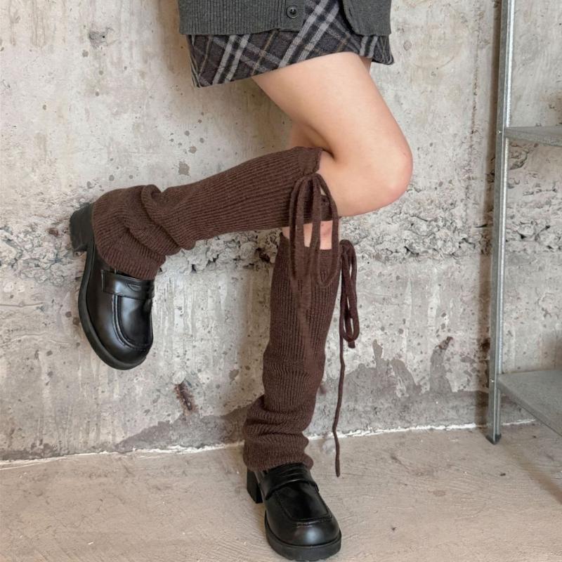 Women Ribbed Knitted Leg Sleeves with Ties Drawstring for Winter Warmth Vertical Striped Leg Warmers Footless Boot Socks