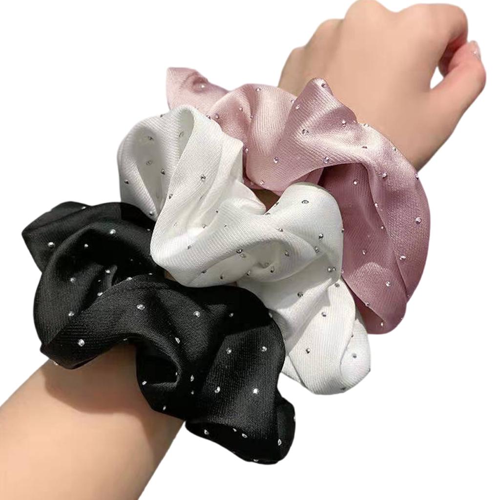 3PCS Hair Scrunchies with Rhinestones and Pleated Detail Ponytail Holder Fashion Hair Accessories for Daily Use