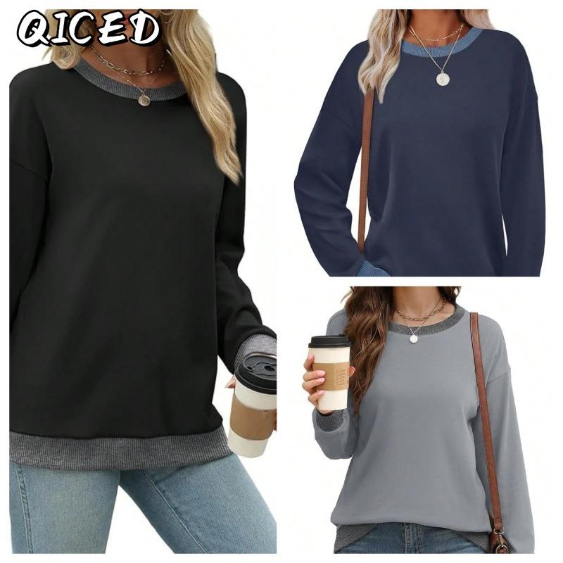 QICED Women's Fashion Casual Long Sleeve O-Neck Blouses & Shirts