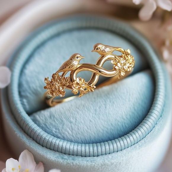 Bague ancienne en cuivre pour femme sculptée de deux oiseaux et de fleurs, design infini, idéale pour les banquets et les fêtes.
