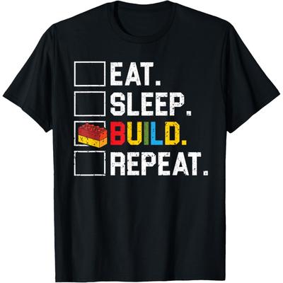 Essen Schlafen Bauen Wiederholen Baumeister Ziegel Blöcke T-Shirt