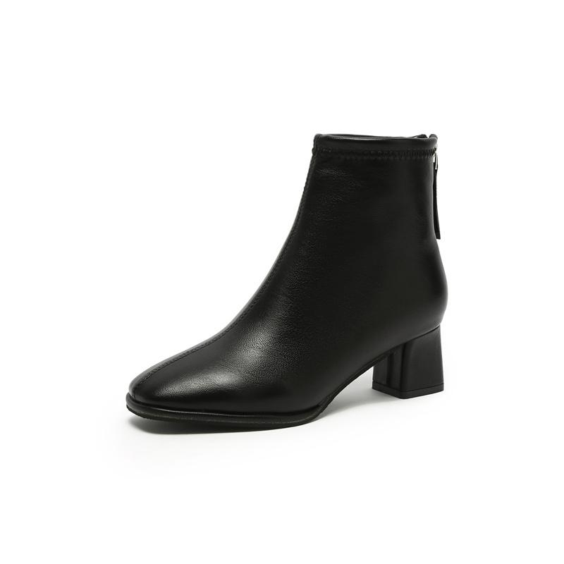 2024 Spring and Autumn New Fashion Round Head Solid Leather Surface Simple Back Zipper Versatile Women's High Heel Naked Boots