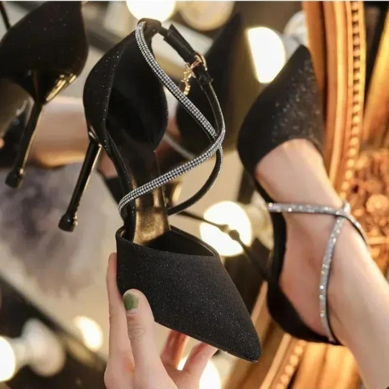 Women Luxury Glitter Pumps Women Pearls Strap Tacones Para Mujer Wedding Party Shoes Ladies Pointy Heel Cross-strap High Heels