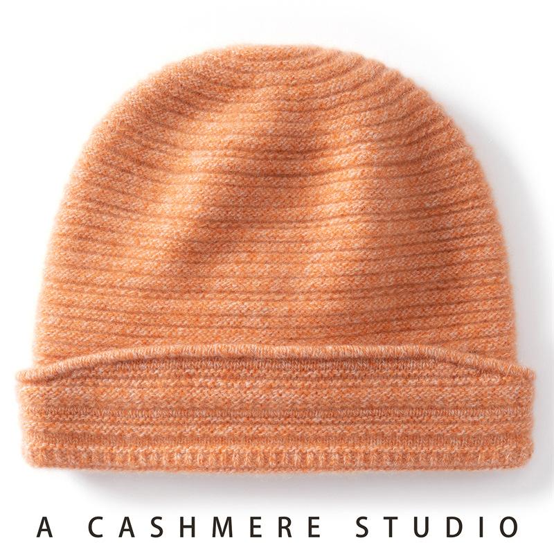 Autumn and Winter New% Pure Cashmere Women's Solid Color Thickened Knitted Cashmere Hat Thermal Head Hat Ear Protector
