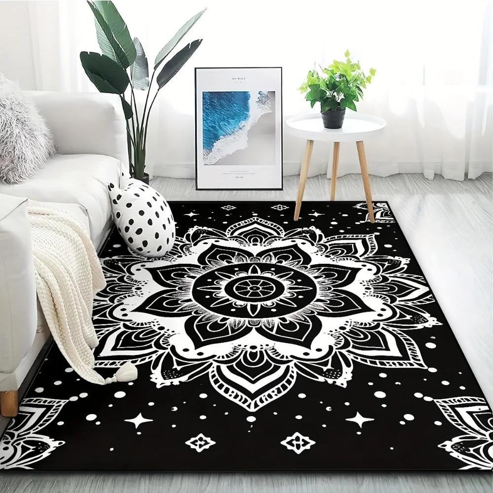 Bohemian Mandala Floral Area Rug Bedroom Black Boho Flower Rug Vintage Exotic Ethnic Floral Rug for Living Room Classroom
