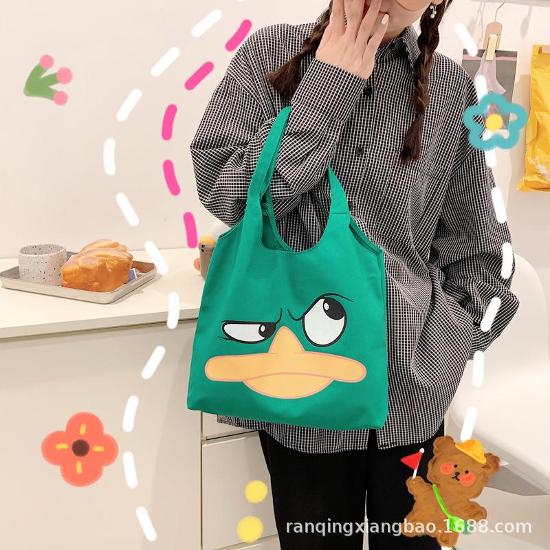 Cute Cartoon Portable Canvas Bag, Winter New Unisex Daily Versatile Funny Bag Large Capacity Bag