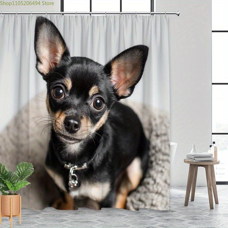 1pc Chihuahua Puppy Shower Curtain - Adorable Small Dog Portrait with Expressive Eyes, Soft Beige & White Polyester Fabric, 70