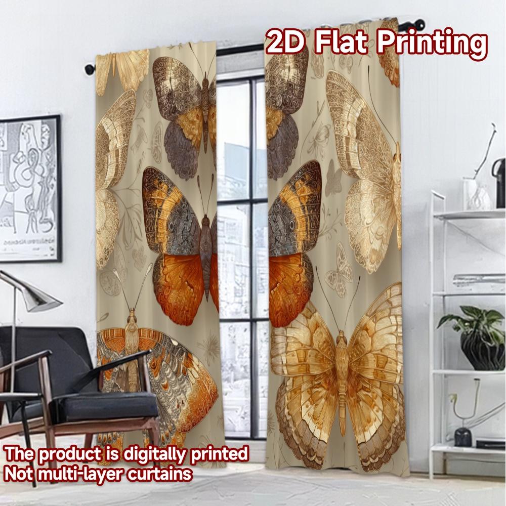 Flat Printing Curtains Without Rod Butterflies Cream Background Popular Fashionable Durable Polyester Set Of 2 Made