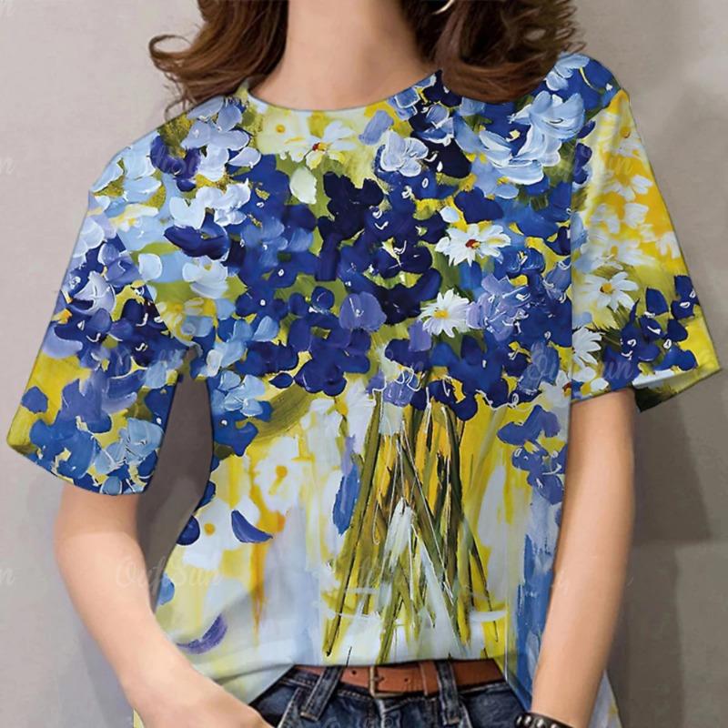 Colorful flowers 3D printed T-shirt, women's casual style top, women's clothing