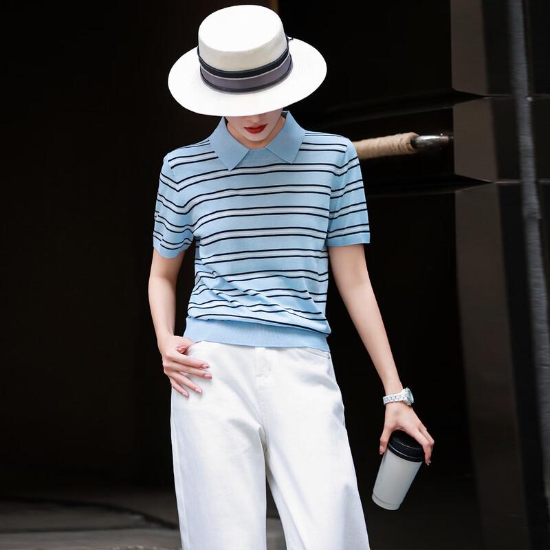 Lanseer 2026 Summer Striped Lapel Knit Top XL