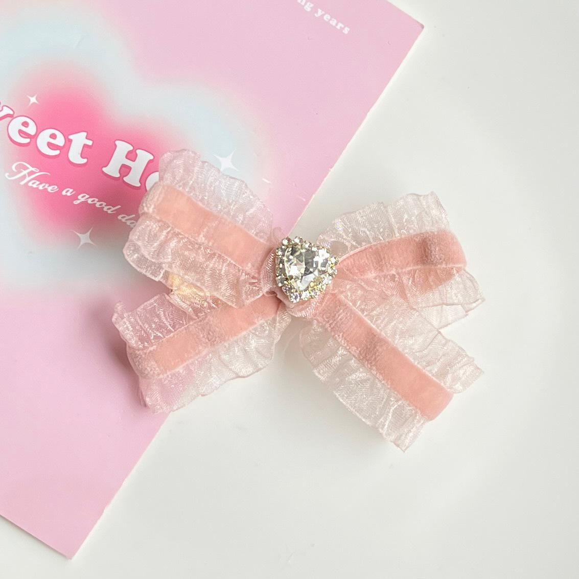 

Розовая заколка для волос в виде бантика с сердечком из стразов для женщин Fairy Ruffled Edge Heart Bowknot розовый