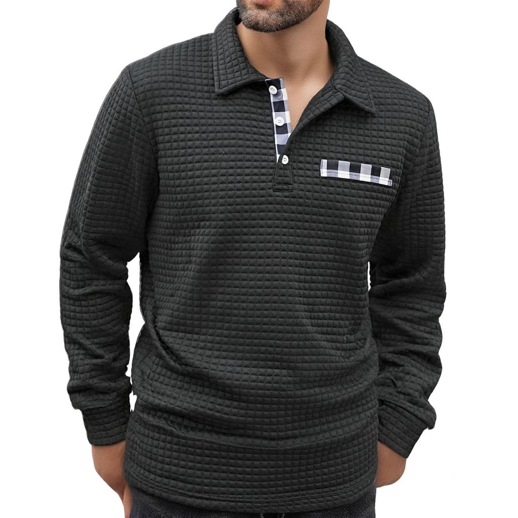 Men's Lapel Single Breasted Small Plaid Top Casual Sports Long Sleeved Top